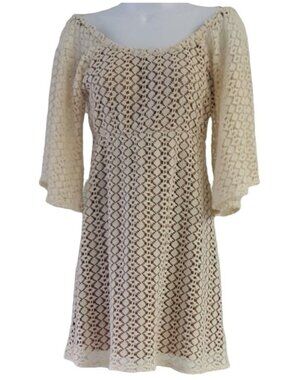 Judith March Crochet Overlay Dress Cream Brown Small Bell Sleeve Off Shoulder